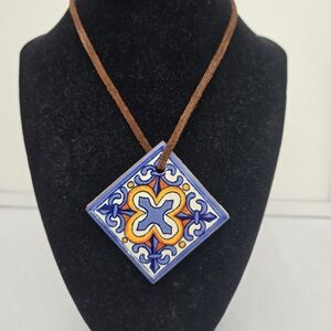 Hand-Painted Ceramic Talavera Style Tile Pendant Necklace on Suede Cord